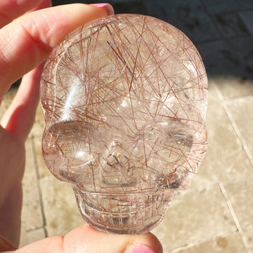 Pink Rutile Quartz Palm Crystal Skull Carved by Leandro de Souza