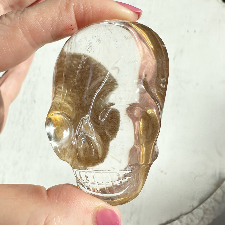 Lodolite Quartz Palm Crystal Skull Carved by Leandro de Souza