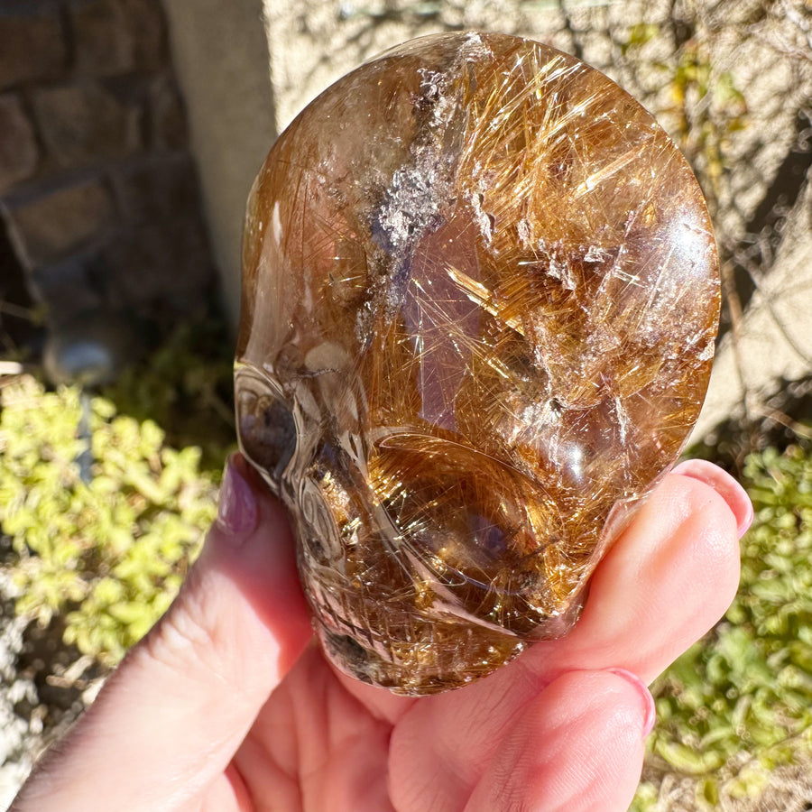 Golden Rutile Citrine and Lodolite Palm Crystal Skull Carved by Leandro de Souza