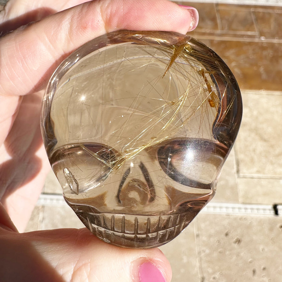 Ultra Clear Golden Rutile Citrine Quartz Palm Crystal Skull Carved by Leandro de Souza
