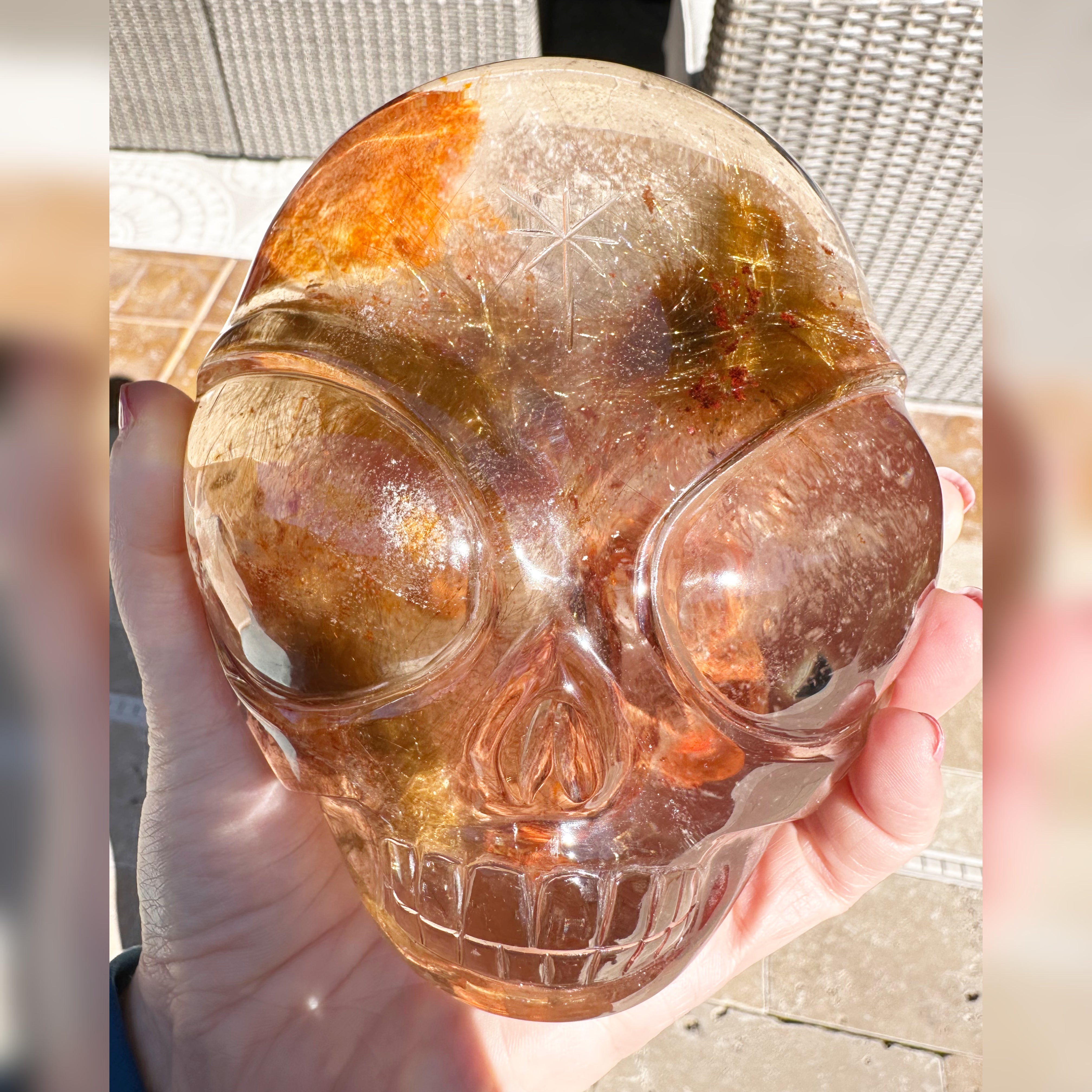 Lodolite and Rutile Citrine Quartz Starbeing Crystal Skull Carved