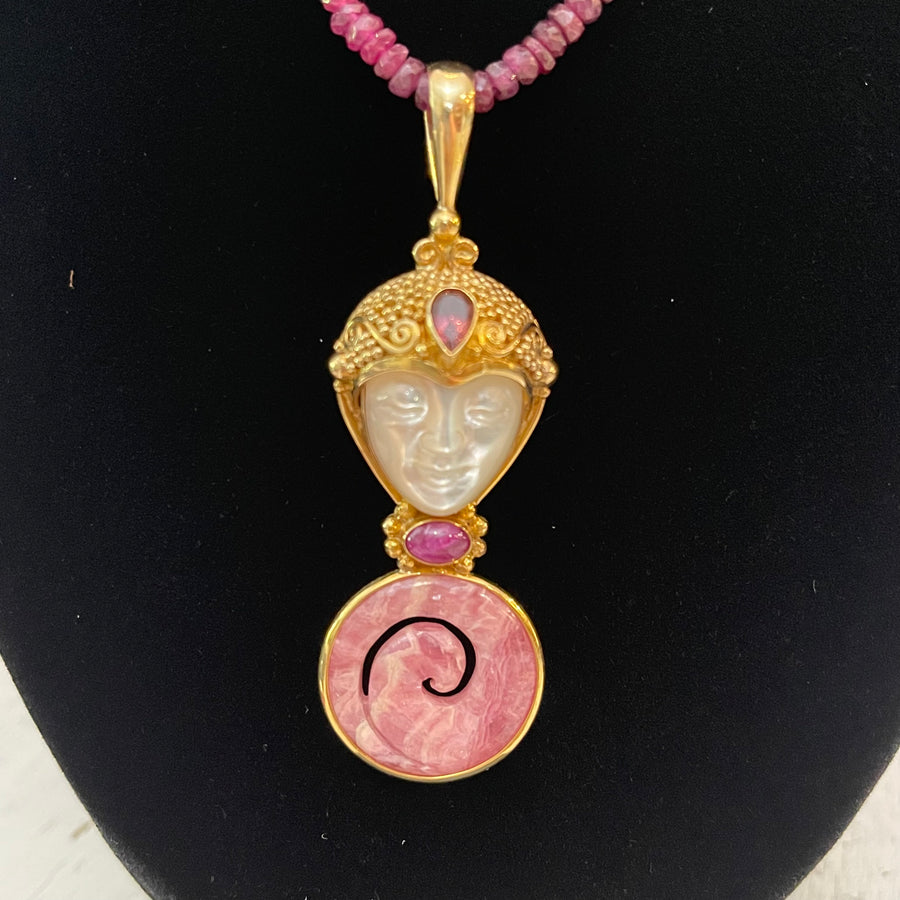 18K GOLD Vintage Sajen Gemstone Rhodochrosite Buddha Necklace Ruby and Pink Tourmaline