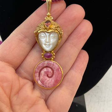 18K GOLD Vintage Sajen Gemstone Rhodochrosite Buddha Necklace Ruby and Pink Tourmaline