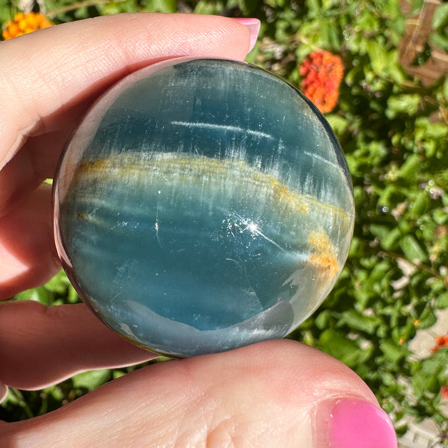 High Grade Lemurian Aquatine Calcite Crystal Sphere with Rainbow