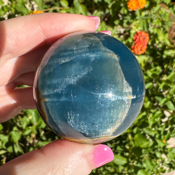 High Grade Lemurian Aquatine Calcite Crystal Sphere with Rainbow
