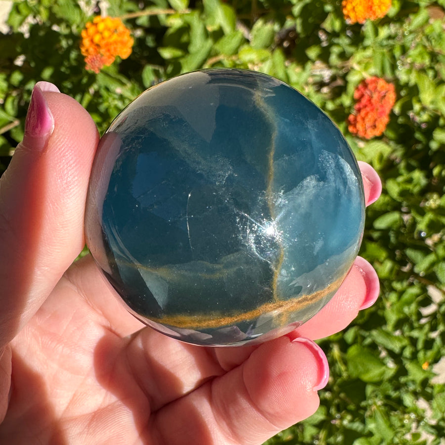 High Grade Lemurian Aquatine Calcite Crystal Sphere with Rainbow