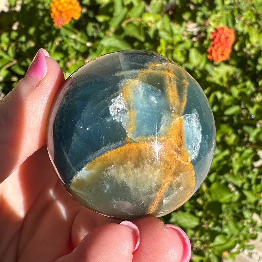 High Grade Lemurian Aquatine Calcite Crystal Sphere with Rainbow