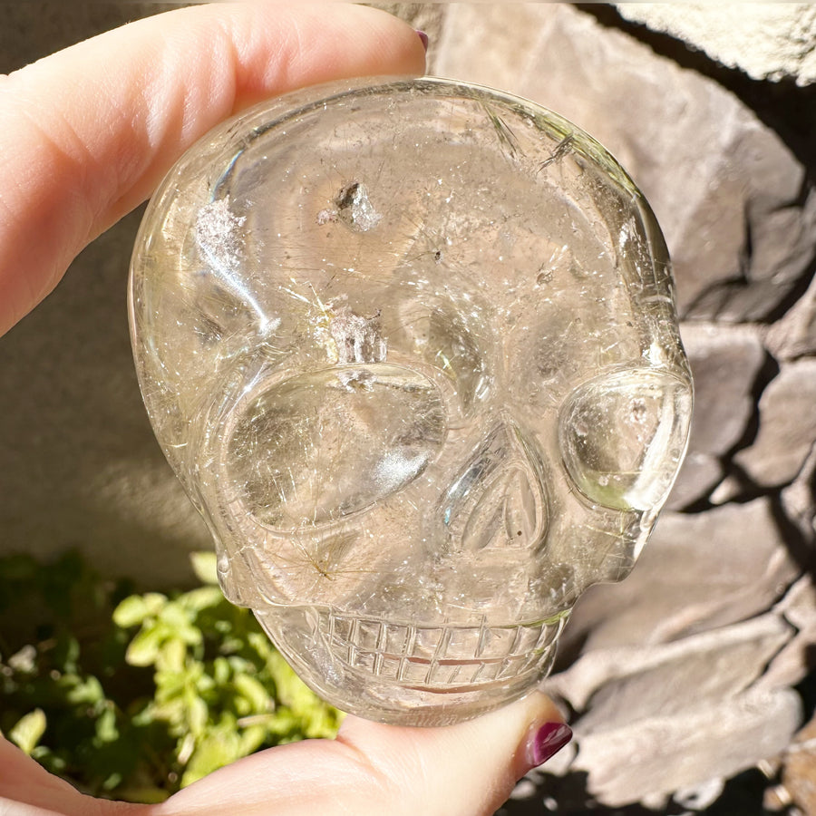 Golden Rutile and Lodolite Palm Crystal Skull Carved by Leandro de Souza