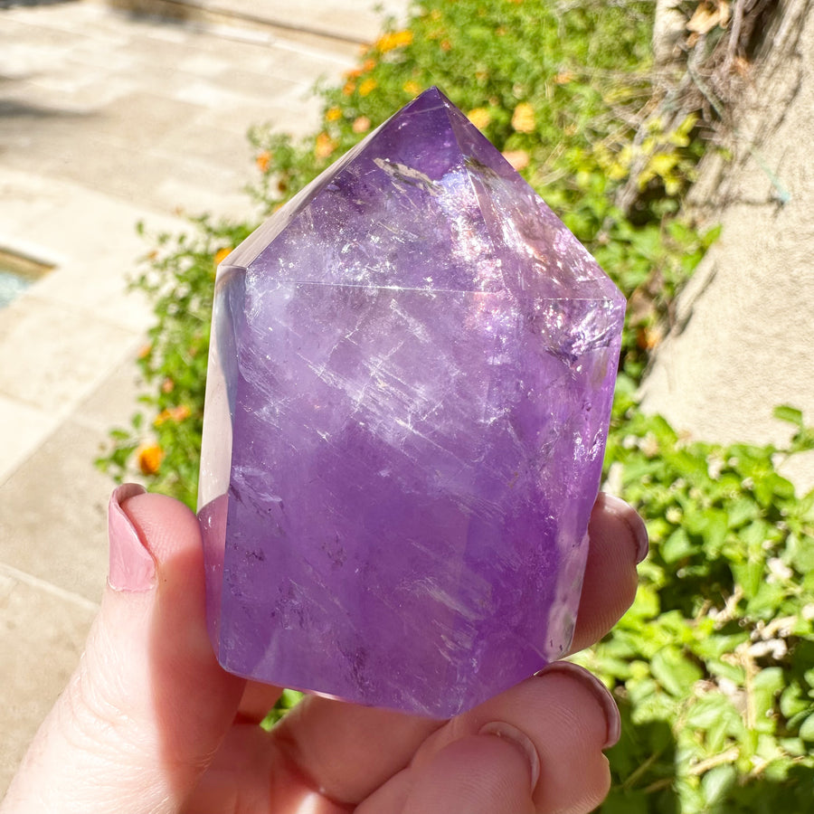 Polished Amethyst Generator Tower with Rainbows