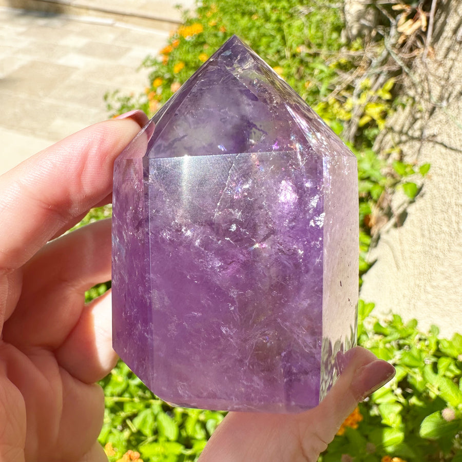 Polished Amethyst Generator Tower with Rainbows