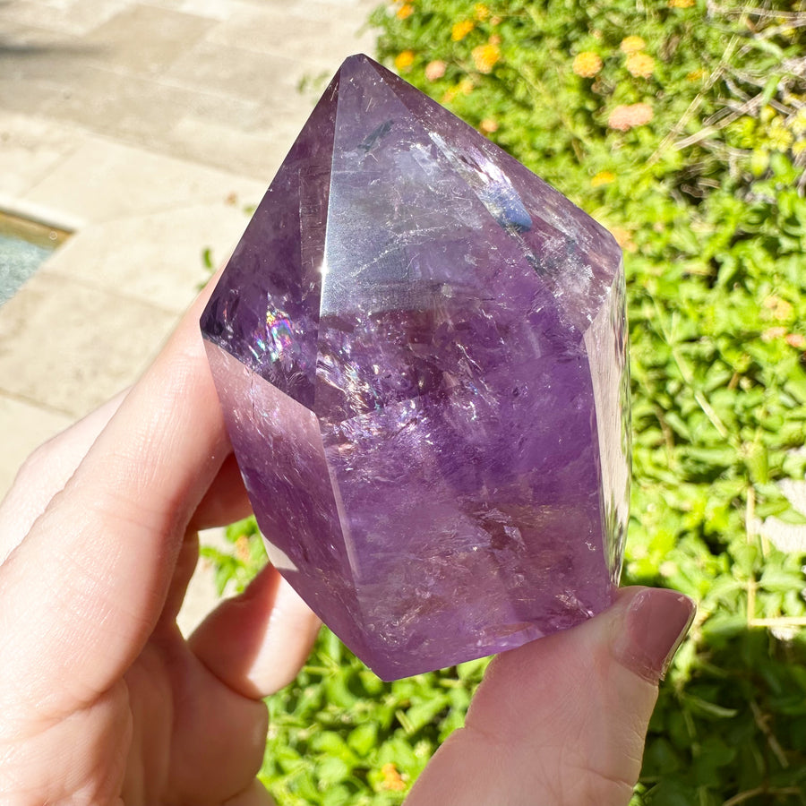 Polished Amethyst Generator Tower with Rainbows