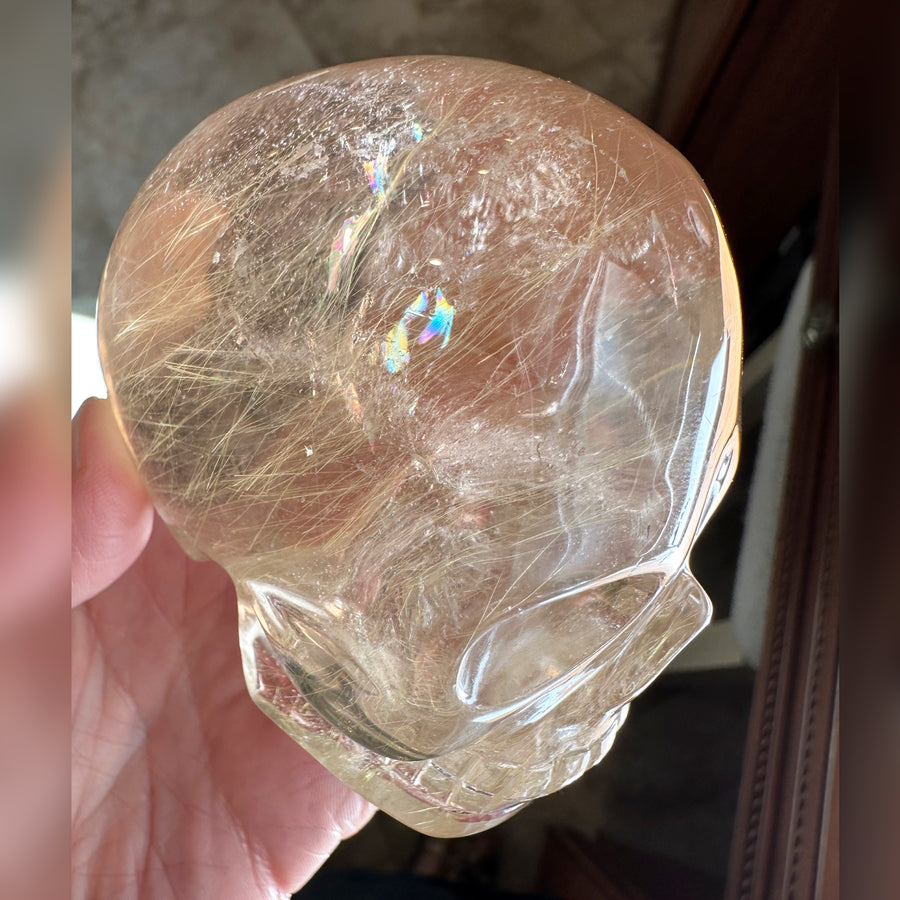 Golden Rutile Citrine Crystal Skull With Rainbows Carved by Leandro de Souza