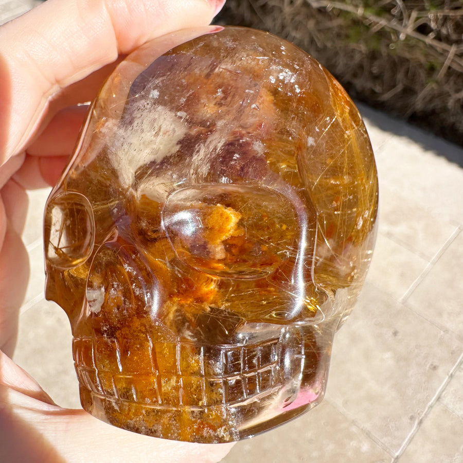 Golden Rutile Citrine with Lodolite Magical Child Crystal Skull Carved by Leandro de Souza