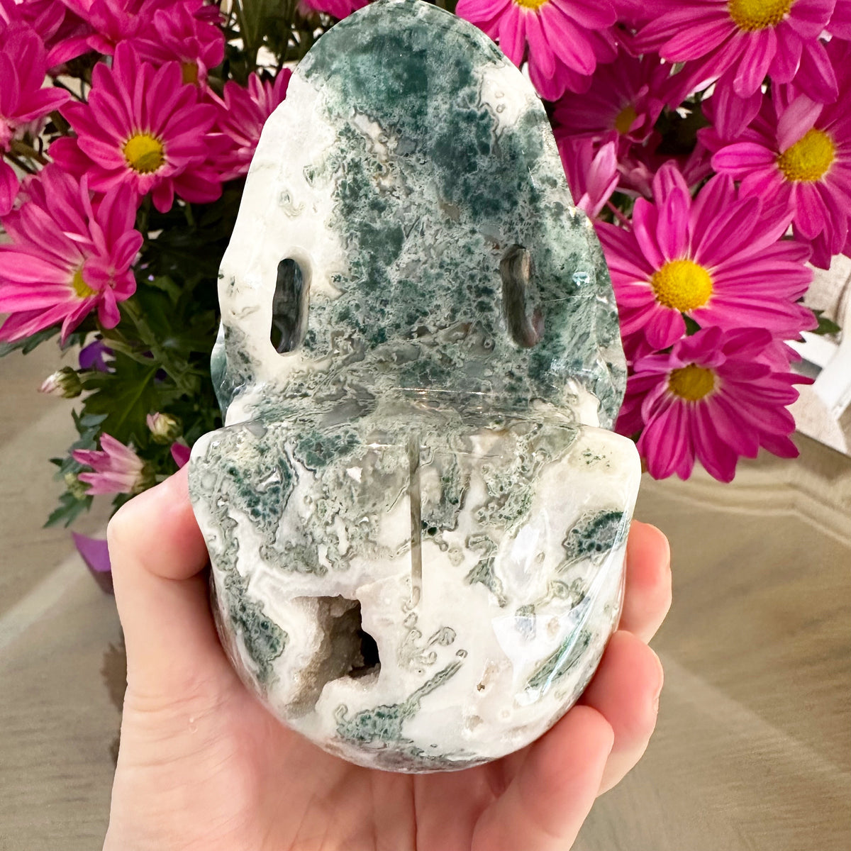 Green Moss Agate Crystal Skull