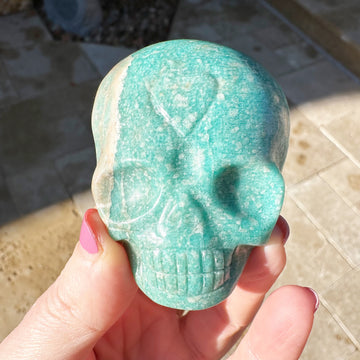 Amazonite Palm Crystal Skull Carved by Leandro de Souza