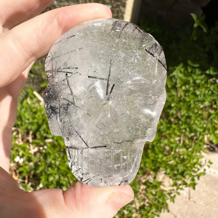 Tourmaline Rutile Palm Crystal Skull Carved by Leandro de Souza