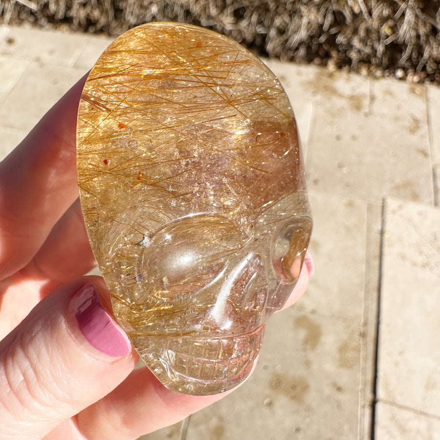 Golden Rutile Citrine Palm Crystal Skull Carved by Leandro de Souza