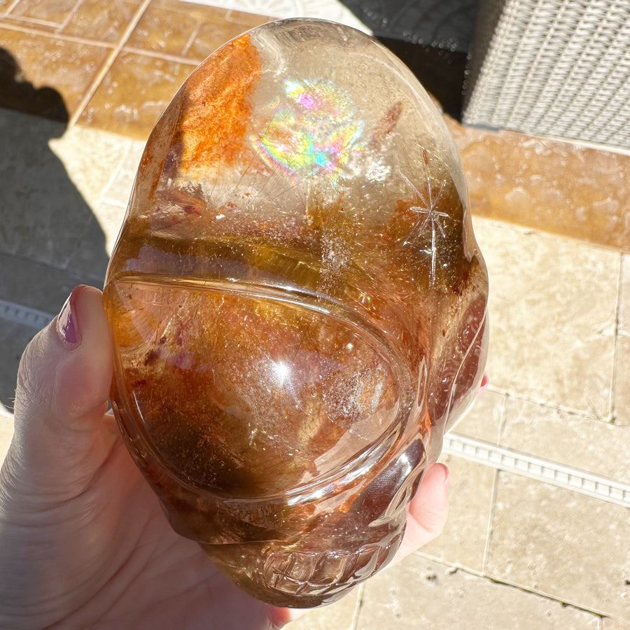 Lodolite and Rutile Citrine Quartz Starbeing Crystal Skull Carved by Leandro de Souza