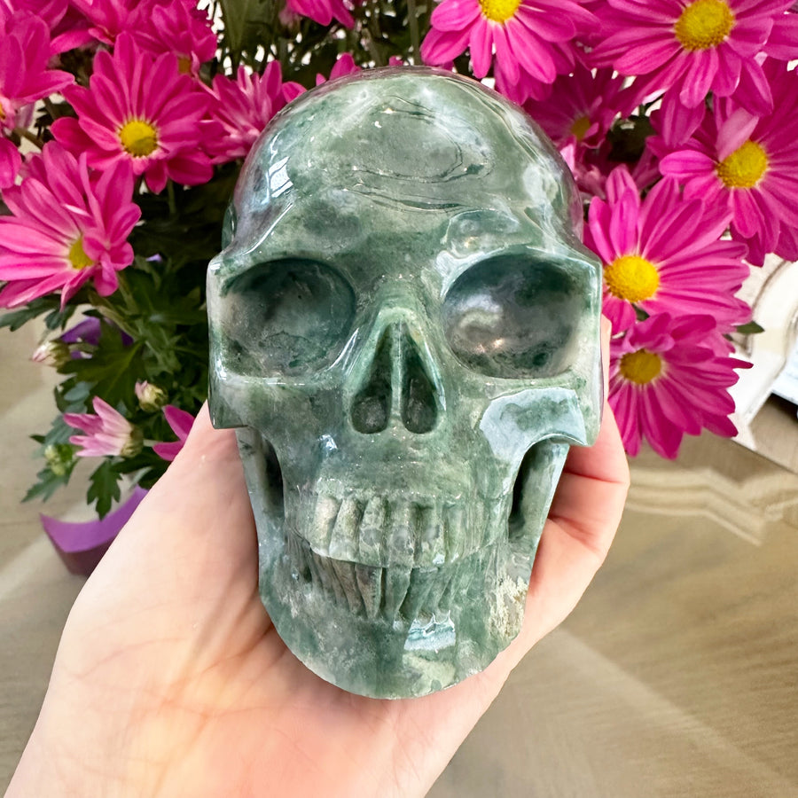 Green Moss Agate Crystal Skull