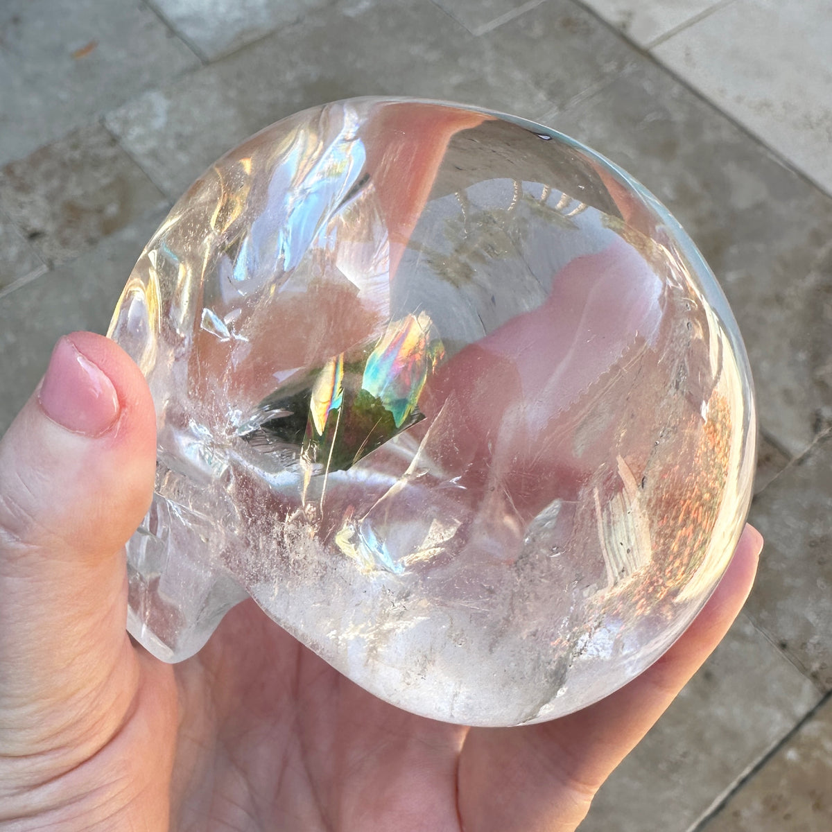 Clear Sirius Quartz Crystal Skull with Rainbows Carved by Leandro de Souza