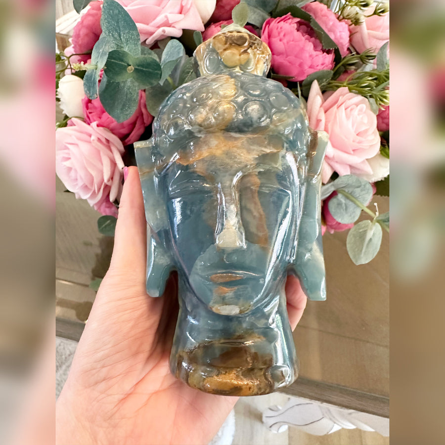 Lemurian Aquatine Crystal Buddha Head