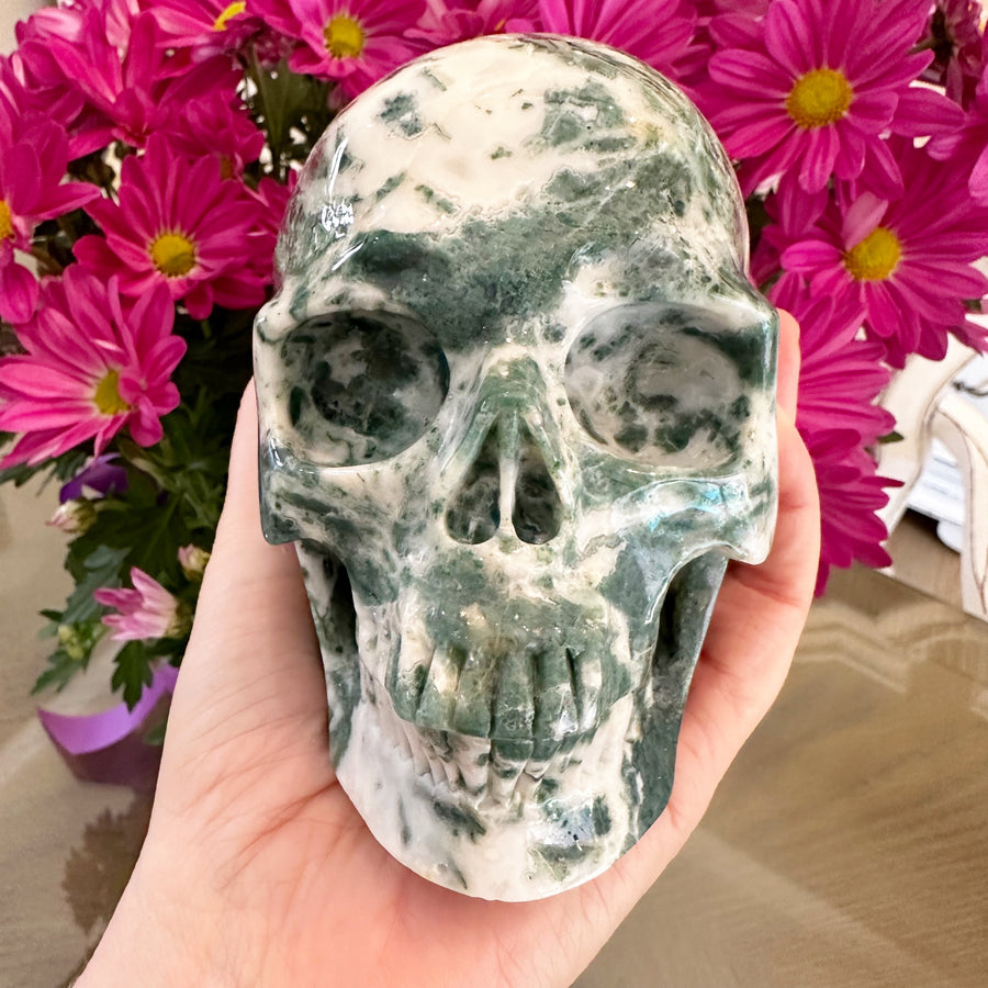 Green Moss Agate Crystal Skull