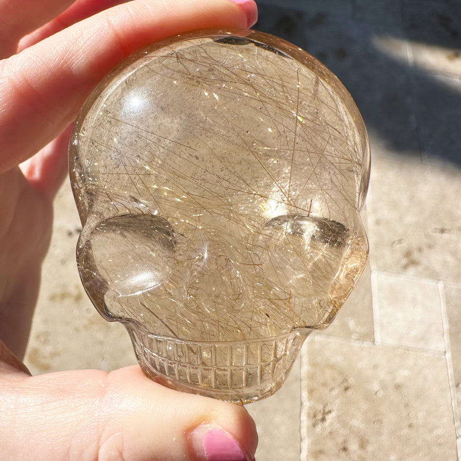 Golden Rutile Citrine Palm Crystal Skull Carved by Leandro de Souza