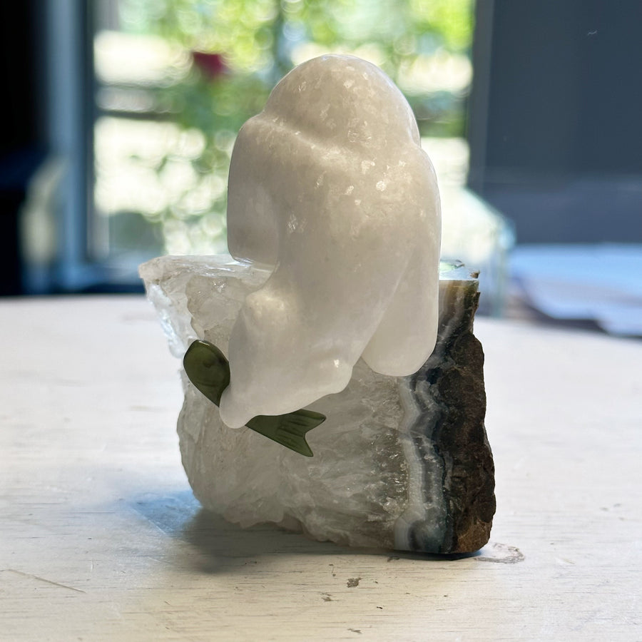 Star Marble Bear on Geode Stand with Fish
