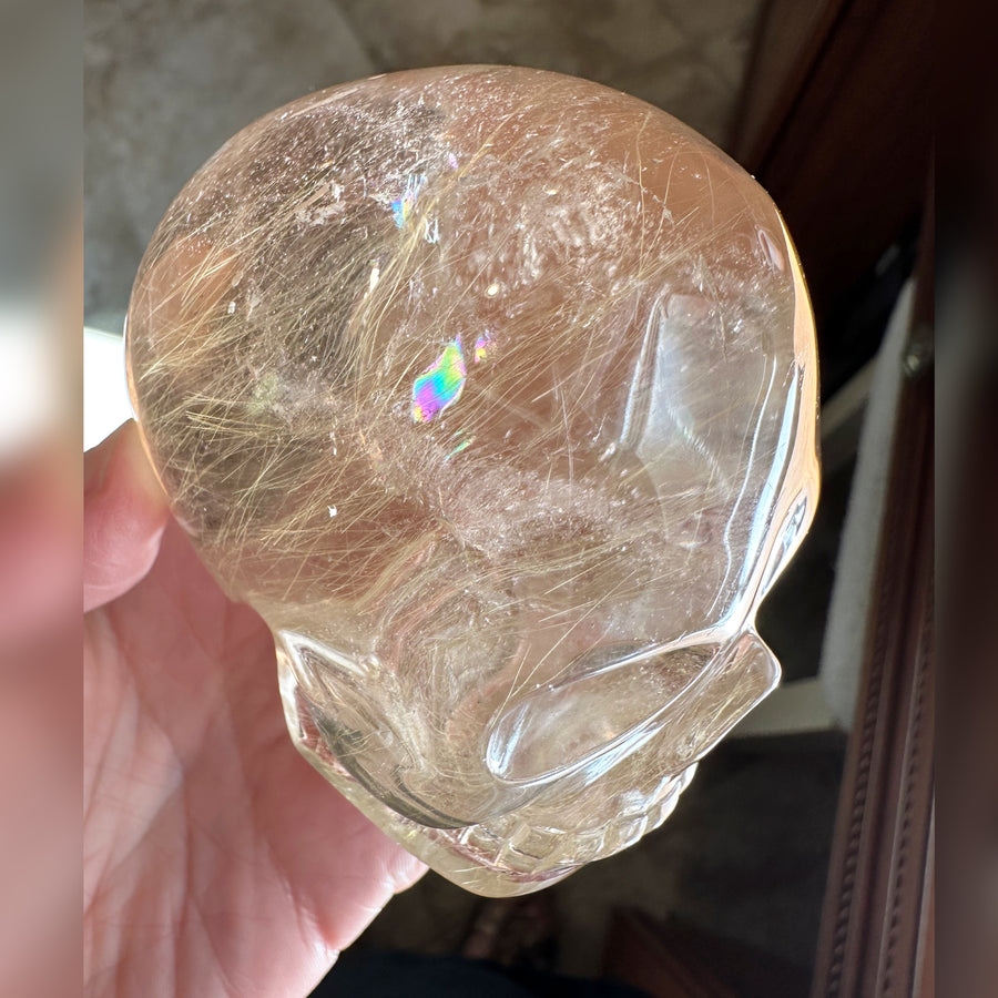 Golden Rutile Citrine Crystal Skull With Rainbows Carved by Leandro de Souza