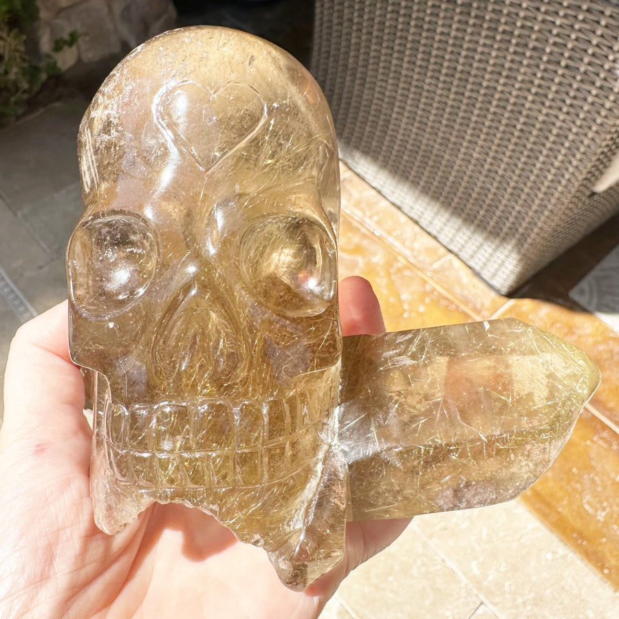 Golden Rutile Lodolite Citrine Crystal Skull with Natural Point Carved by Leandro de Souza