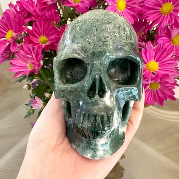 Green Moss Agate Crystal Skull