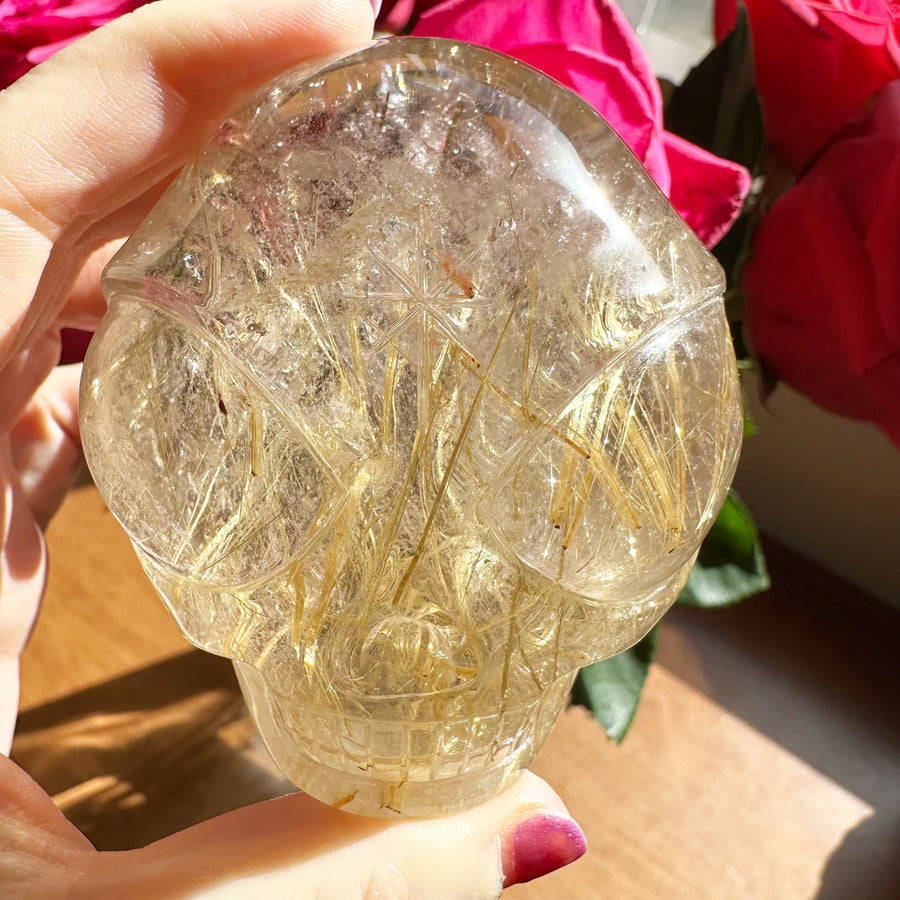 Golden Rutile Citrine Starbeing Palm Crystal Skull With Rainbows Carved by Leandro de Souza