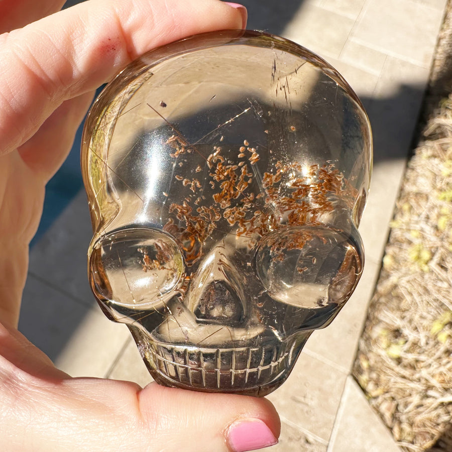 Golden Rutile Smoky Quartz with Lodolite Palm Crystal Skull Carved by Leandro de Souza