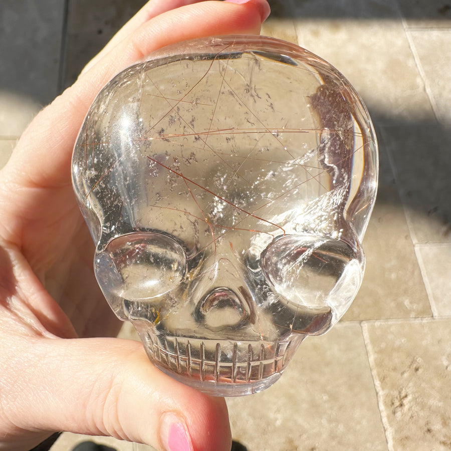 Pink Rutile Quartz Palm Crystal Skull Carved by Leandro de Souza