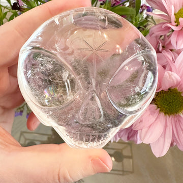 Lemurian Quartz Starbeing Palm Crystal Skull with Rainbows Carved by Leandro de Souza