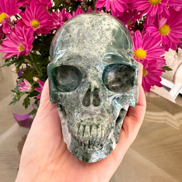 Green Moss Agate Crystal Skull