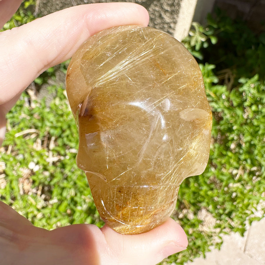 Golden Rutile Citrine Quartz Palm Crystal Skull Carved by Leandro de Souza