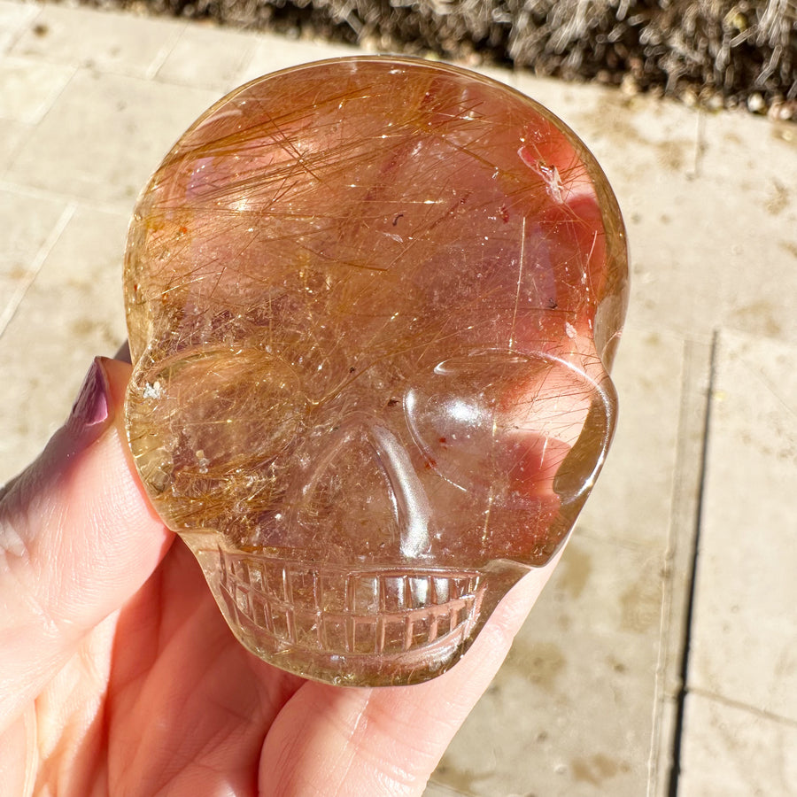 Golden Rutile Citrine Palm Crystal Skull Carved by Leandro de Souza