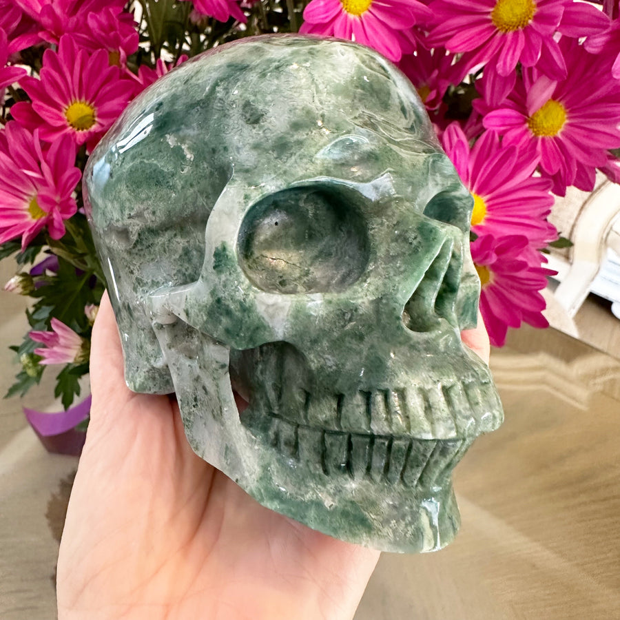 Green Moss Agate Crystal Skull