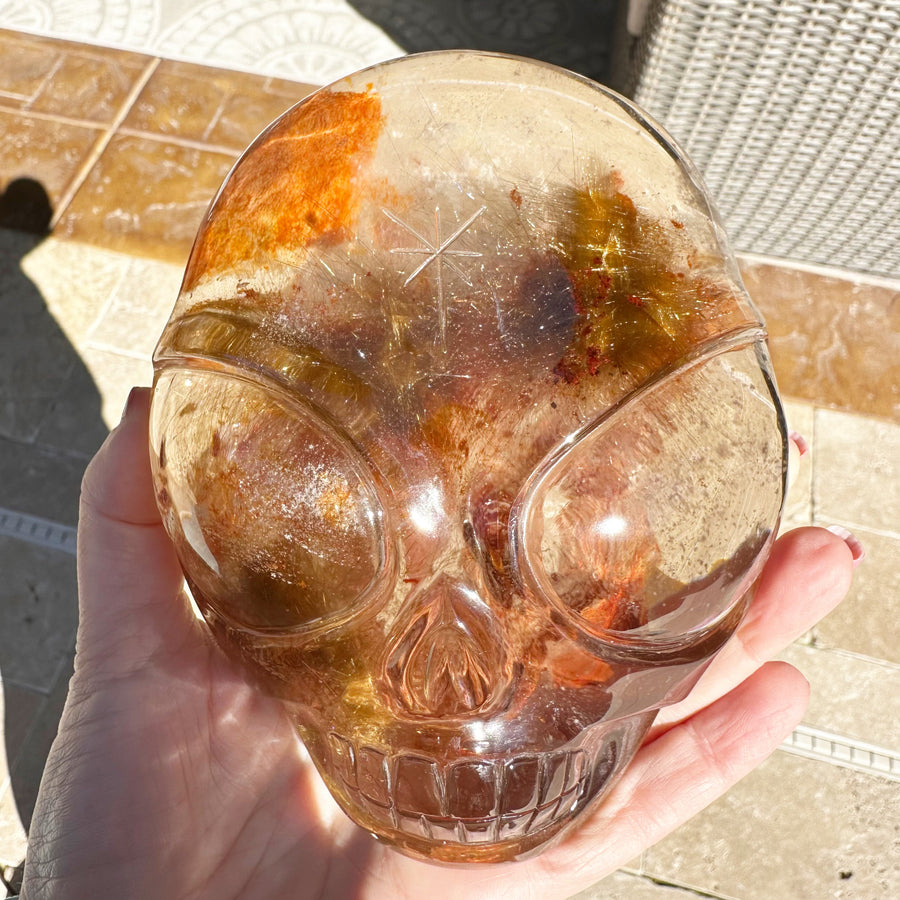 Lodolite and Rutile Citrine Quartz Starbeing Crystal Skull Carved by Leandro de Souza