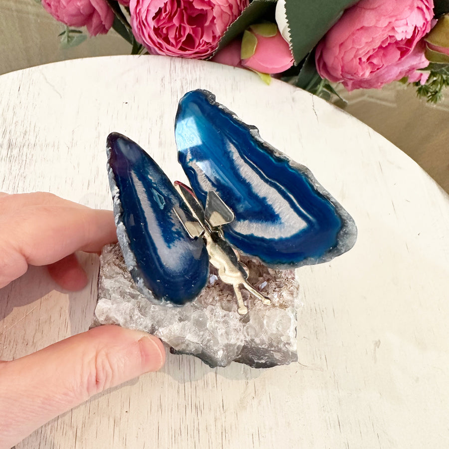 Blue Agate Butterfly on Amethyst Stand