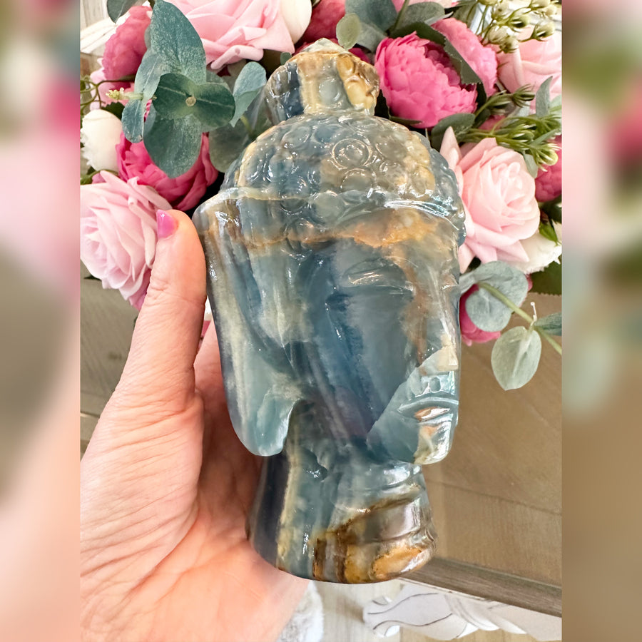 Lemurian Aquatine Crystal Buddha Head