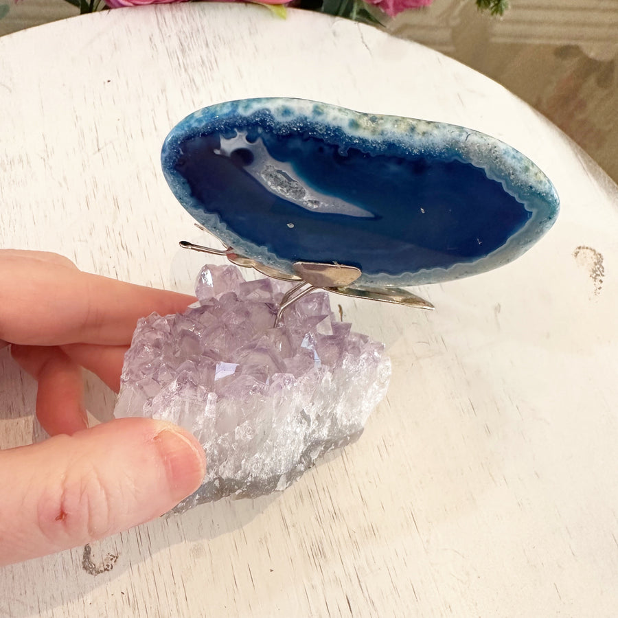 Blue Agate Butterfly on Amethyst Stand