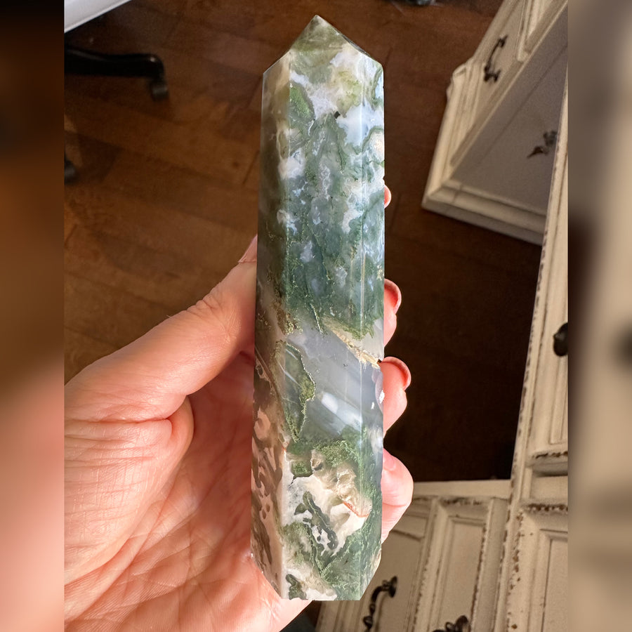 Green Moss Agate Crystal Generator Tower