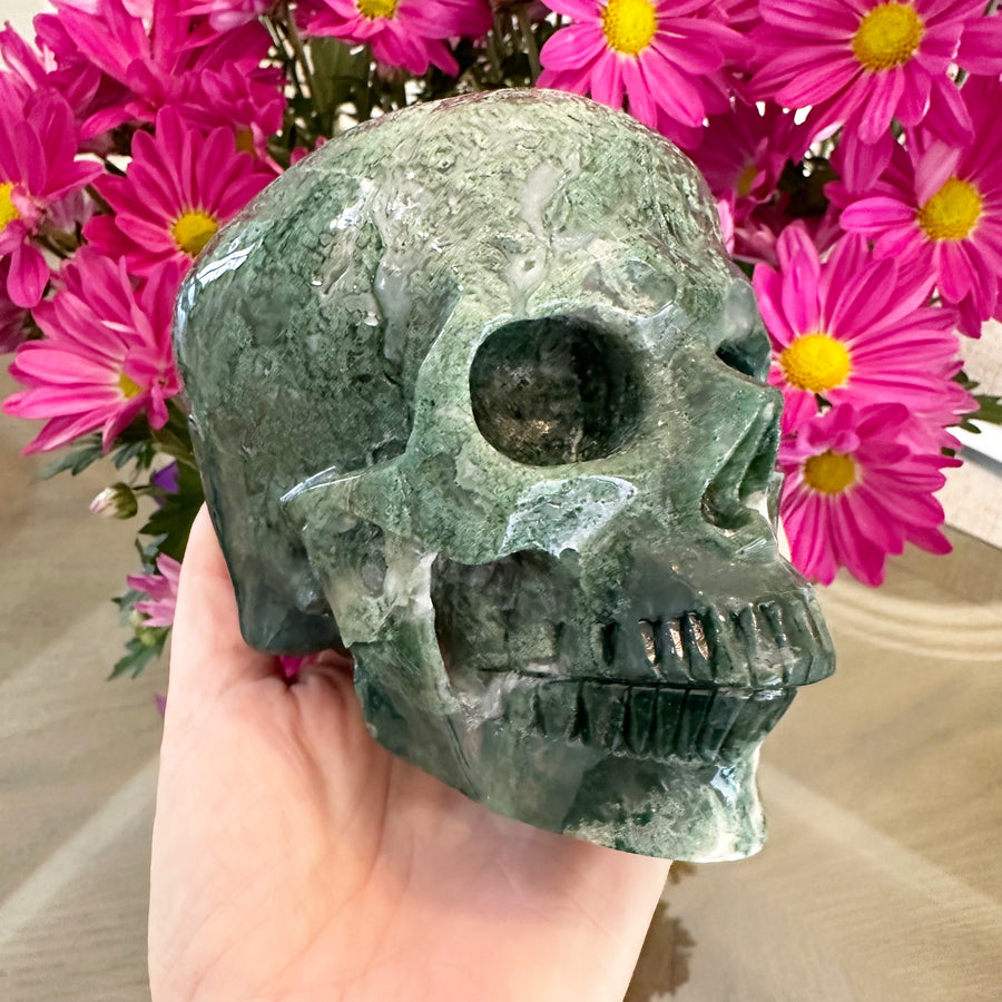 Green Moss Agate Crystal Skull