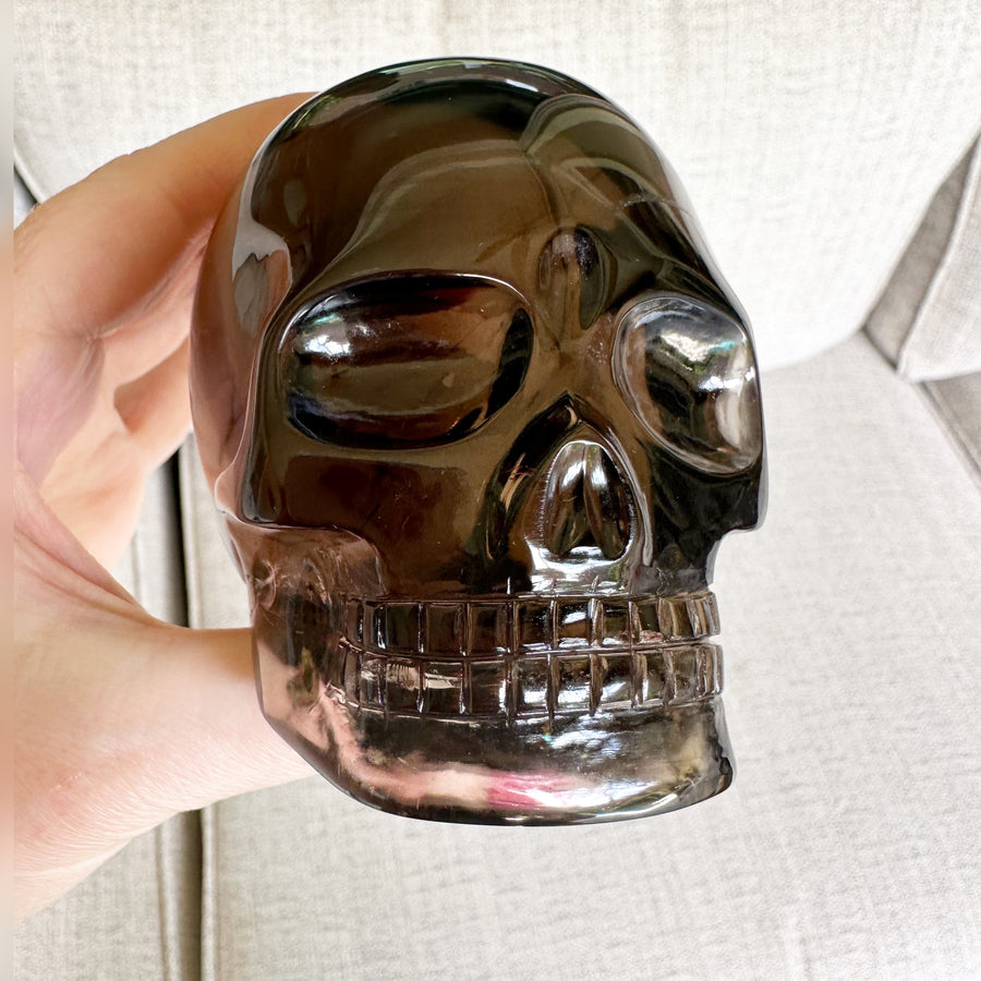 Smokey Lemurian Crystal Skull with Rainbows Carved by Leandro de Souza