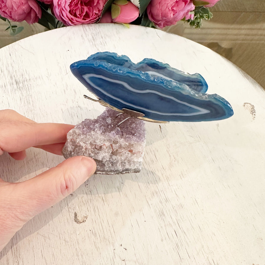 Blue Agate Butterfly on Amethyst Stand