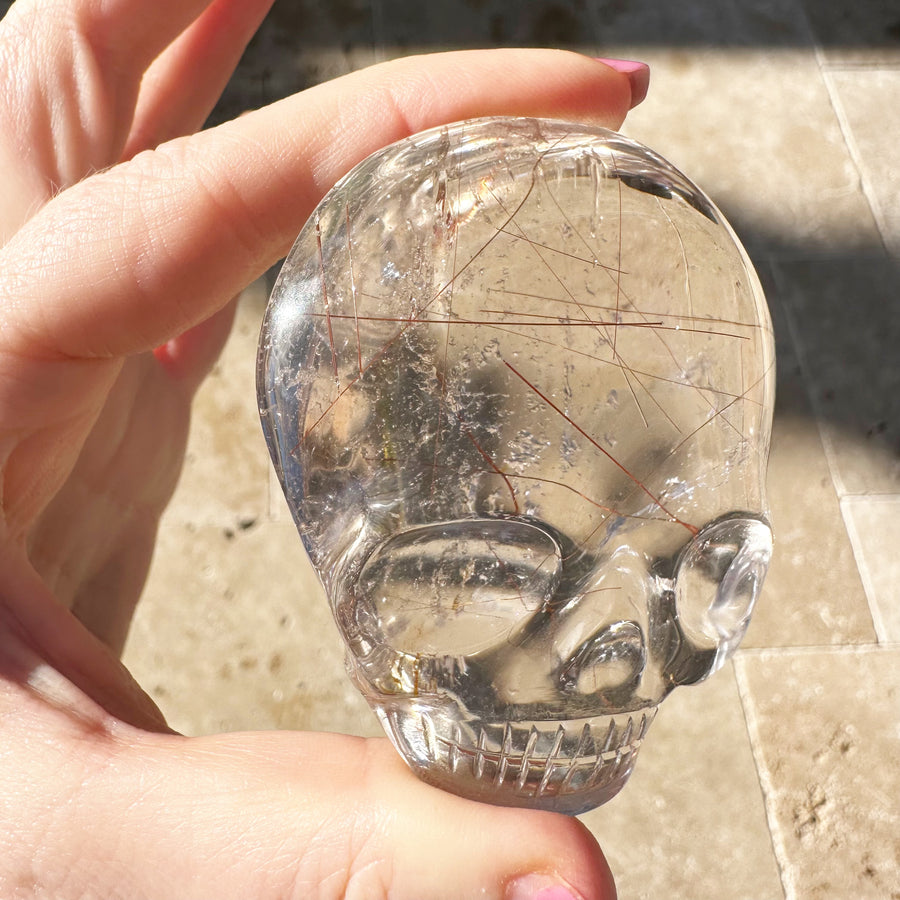 Pink Rutile Quartz Palm Crystal Skull Carved by Leandro de Souza
