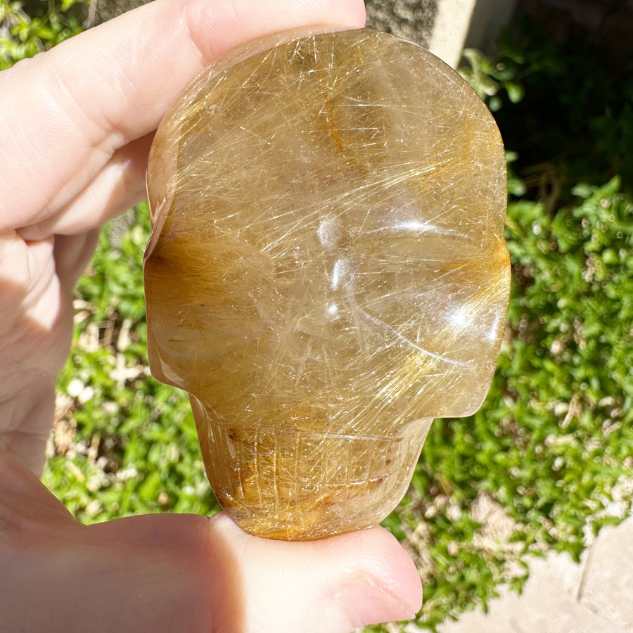 Golden Rutile Citrine Quartz Palm Crystal Skull Carved by Leandro de Souza