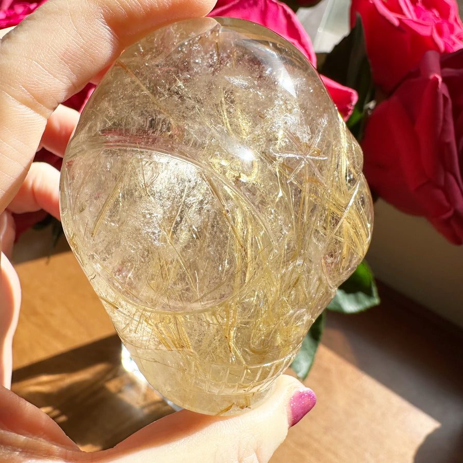 Golden Rutile Citrine Starbeing Palm Crystal Skull With Rainbows Carved by Leandro de Souza